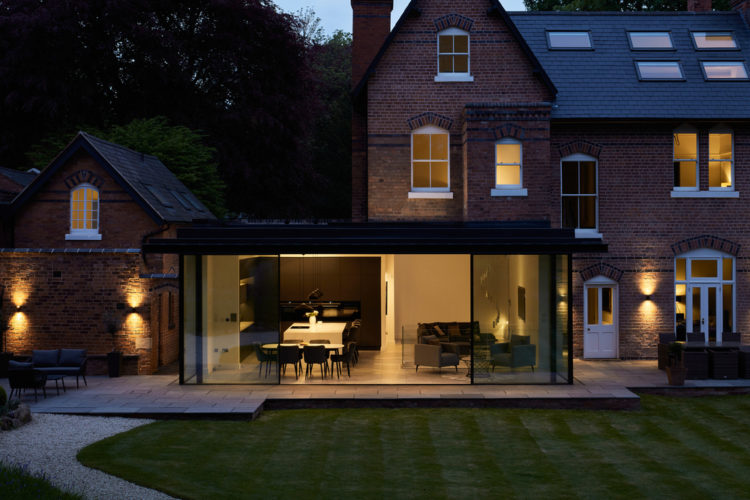 4 panel Ultraline sliding doors with frameless look installation modern glass box installation