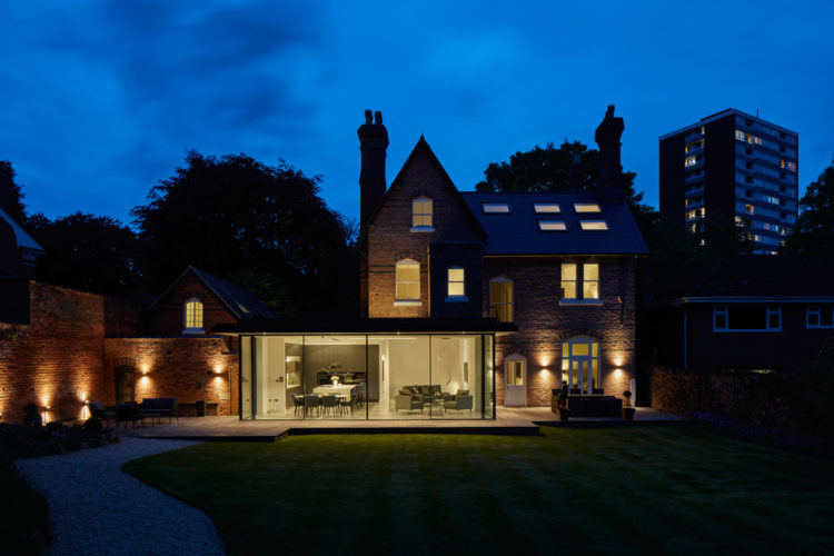 4 panel Ultraline sliding doors with frameless look installation modern glass box installation