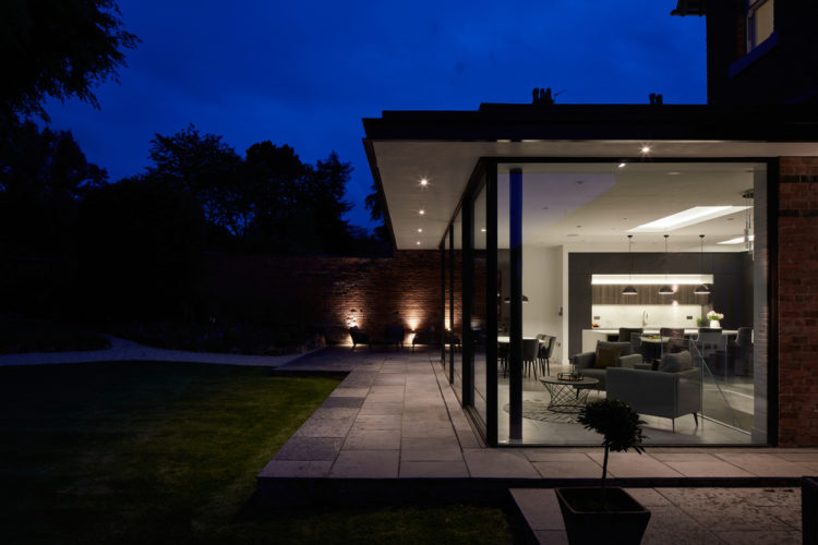 4 panel Ultraline sliding doors with frameless look installation modern glass box installation